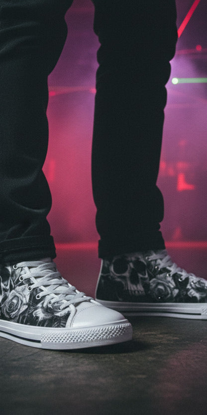 Freaky Shoes® men's high top canvas sneakers featuring a black and white gothic skull and rose art print