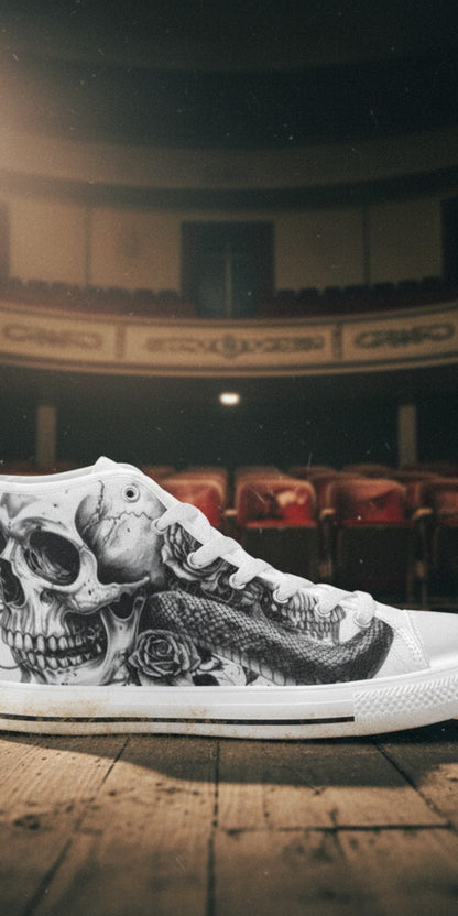 Women's Dark Art Rose Skull Gothic hand-made high-top canvas shoes — unique wearable art by Freaky Shoes