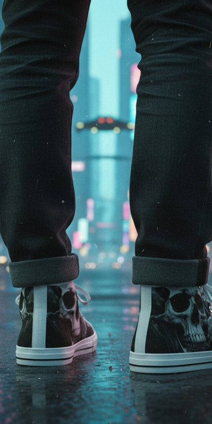 Freaky Shoes® high top canvas sneakers with gothic skull and rose print, worn in a neon-lit cyberpunk city street.