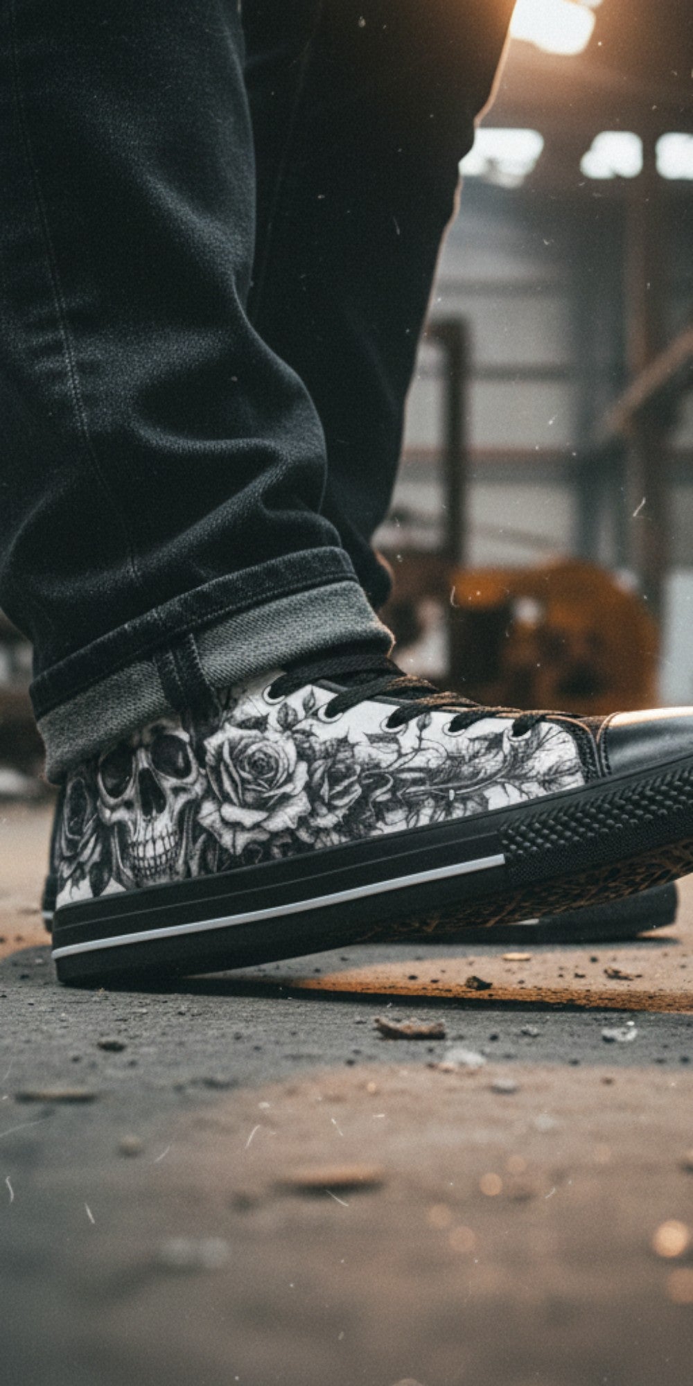 Freaky Shoes® men's gothic high top canvas sneakers featuring a black and white skull and rose art print.