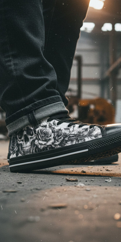 Freaky Shoes® men's gothic high top canvas sneakers featuring a black and white skull and rose art print.