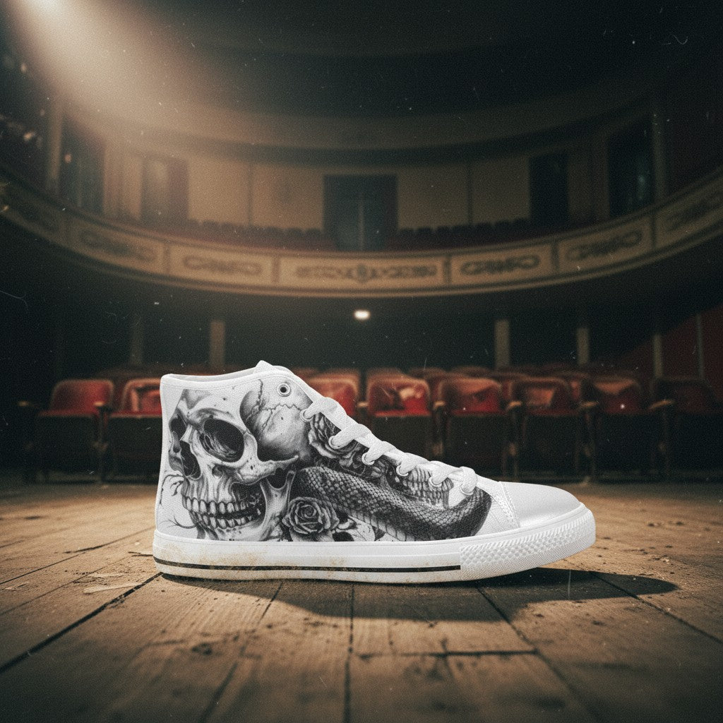 Women's Dark Art Rose Skull Gothic custom high-top canvas shoes — wearable art by Freaky Shoes