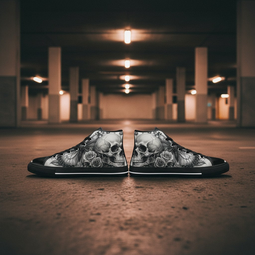 Women's Grey Gothic Rose Skull Dark Art custom high-top canvas shoes — wearable art by Freaky Shoes