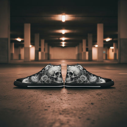 Women's Grey Gothic Rose Skull Dark Art custom high-top canvas shoes — wearable art by Freaky Shoes