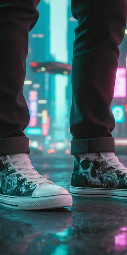 Freaky Shoes® high top canvas sneakers with dark gothic skull and rose print worn in a neon city street setting.