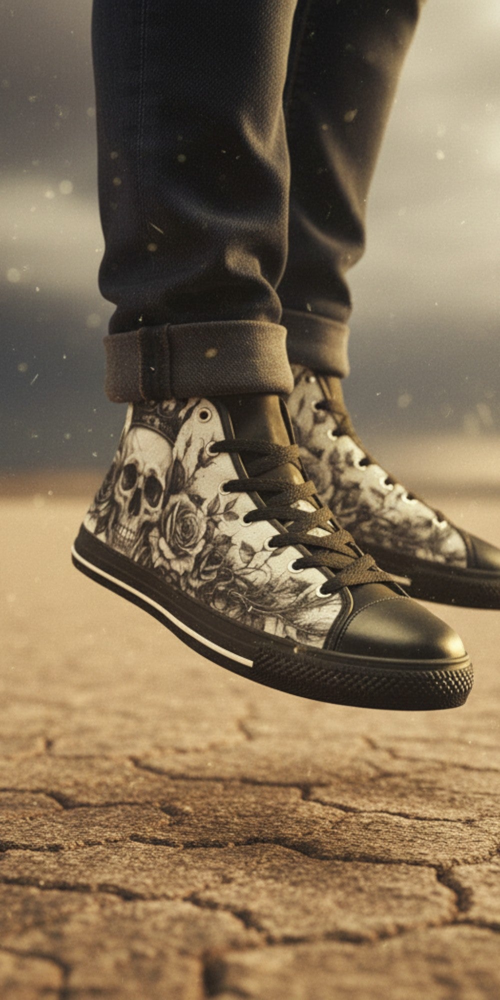 Freaky Shoes® men's gothic high top canvas sneakers featuring a black and white skull and rose art print