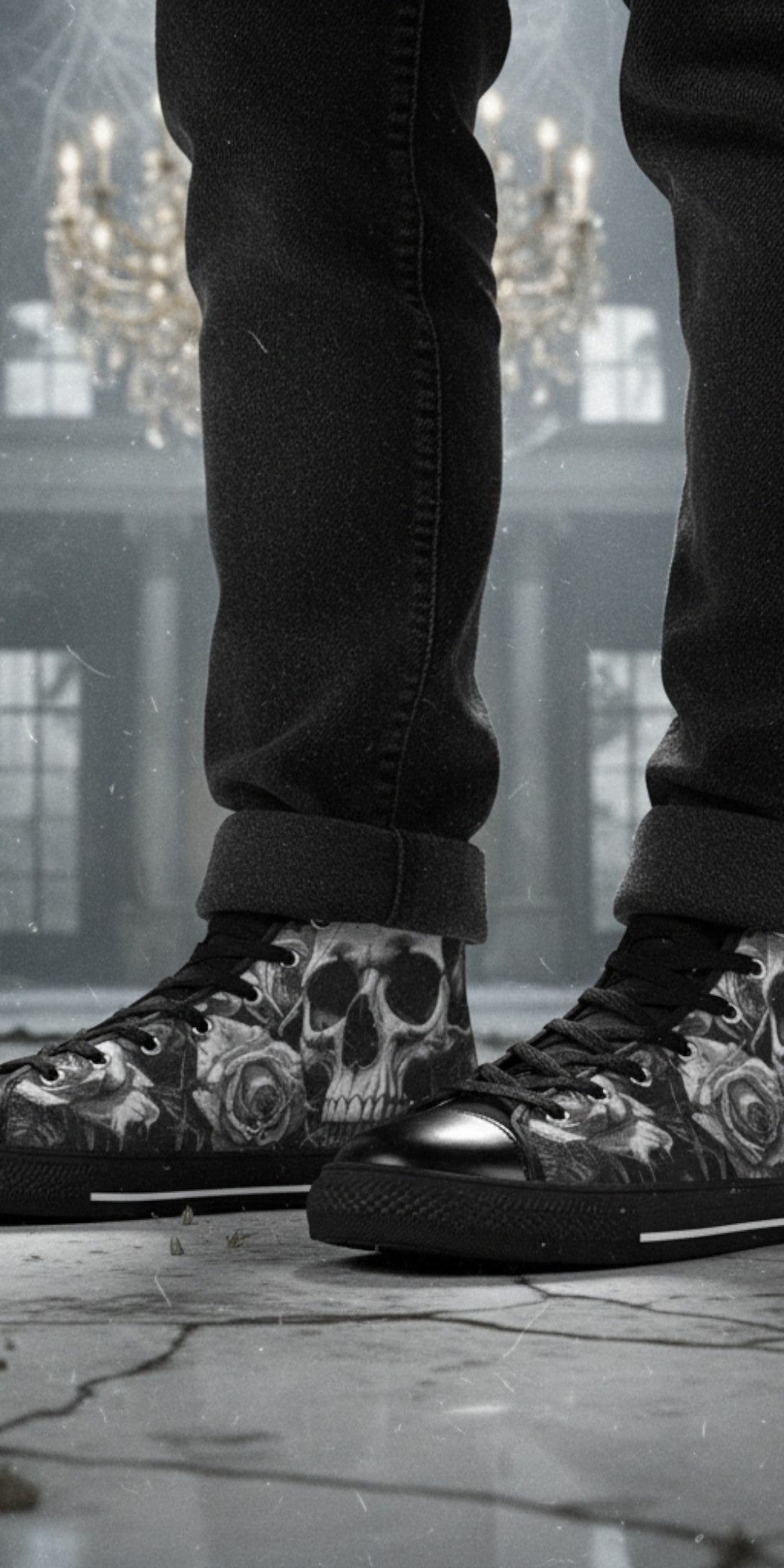 Freaky Shoes® gothic high top canvas sneakers featuring a grey skull and rose print, worn with black jeans.