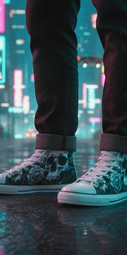Freaky Shoes® high top canvas sneakers featuring a dark gothic skull and rose print, worn in a neon city street.