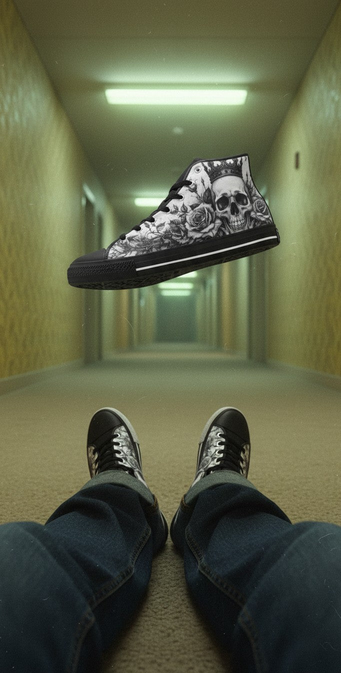 Freaky Shoes® gothic canvas high top sneakers featuring a grey skull and rose print in a surreal hallway setting.