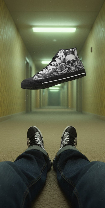 Freaky Shoes® gothic canvas high top sneakers featuring a grey skull and rose print in a surreal hallway setting.