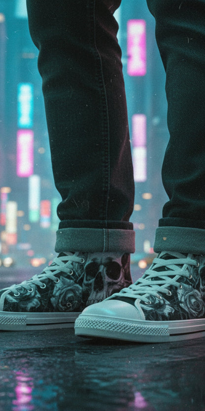 Freaky Shoes® high top canvas sneakers featuring a dark gothic skull and rose print, worn in a neon city street.