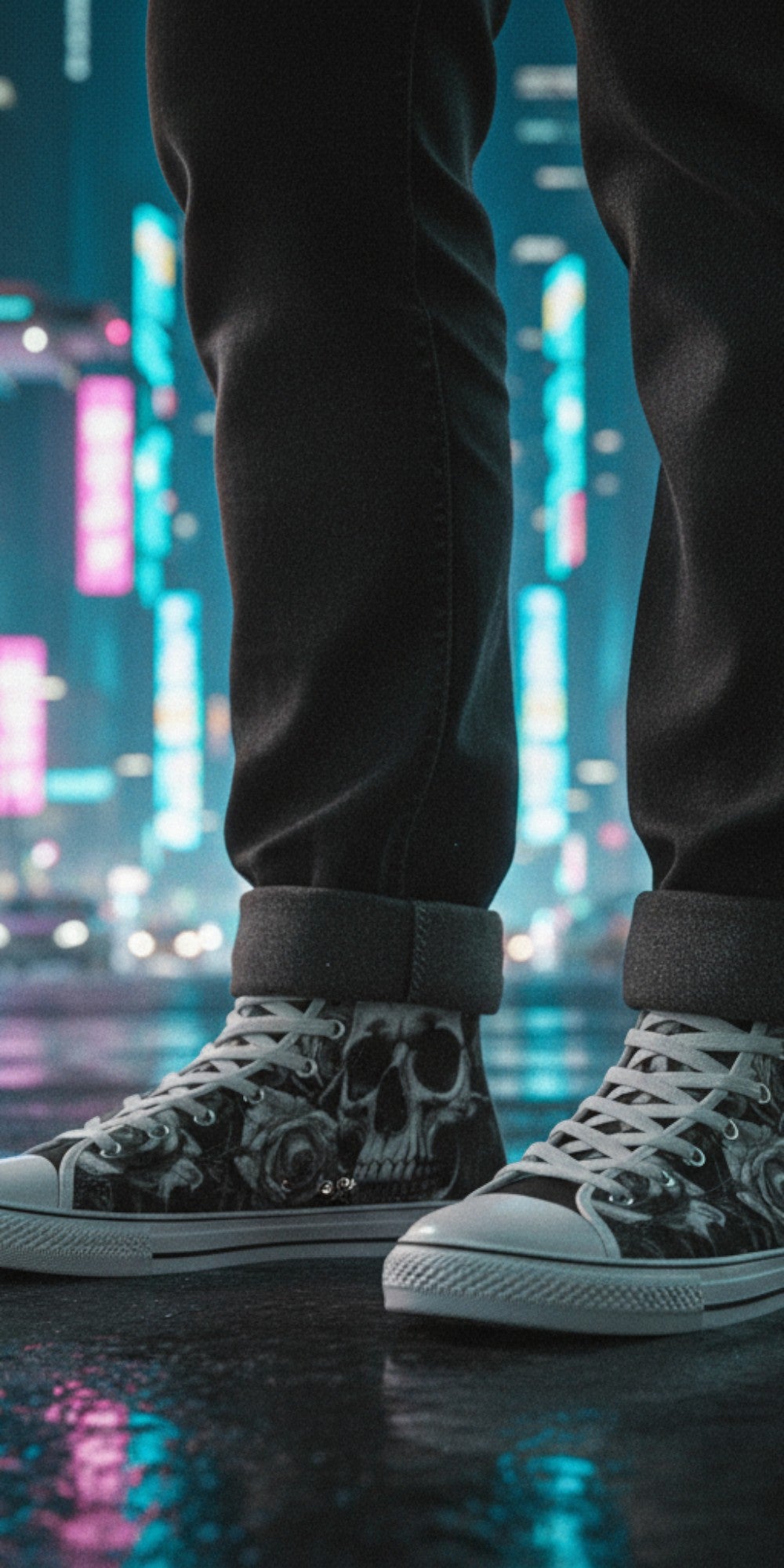 Freaky Shoes® high top canvas sneakers featuring a dark gothic skull and rose print, worn in a neon city street.