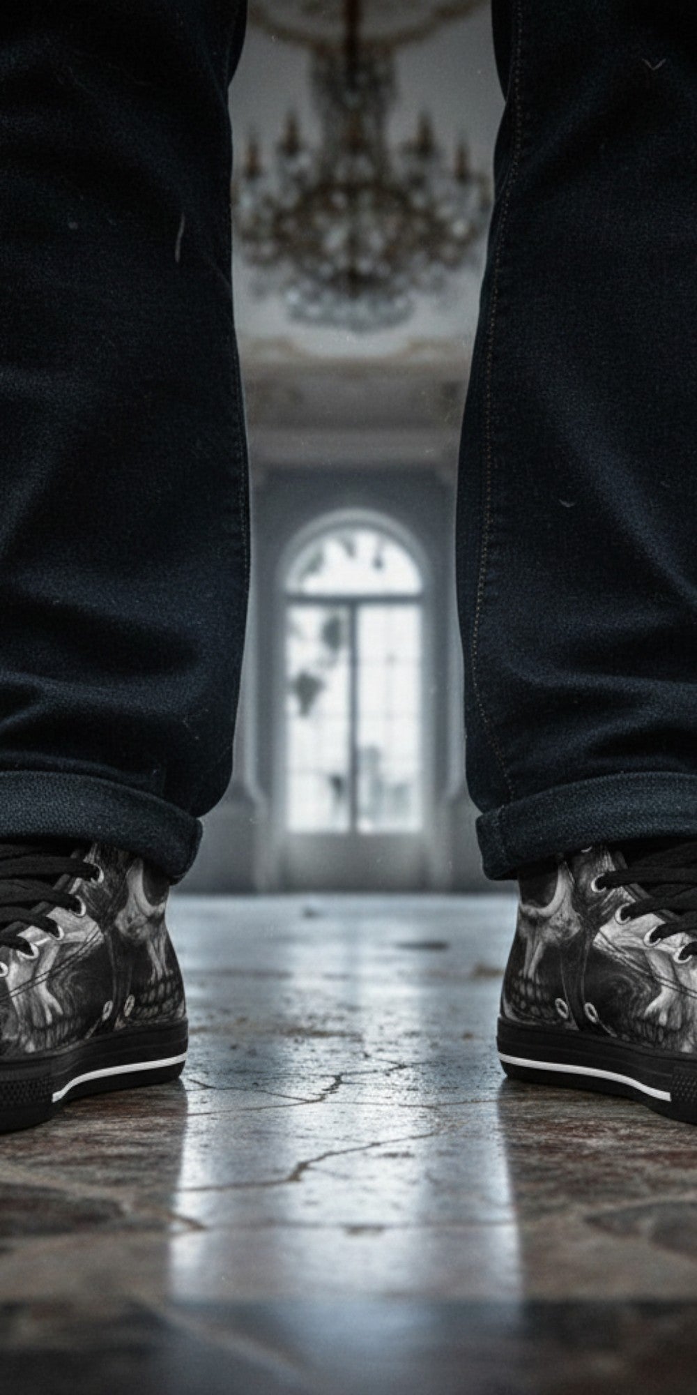 Freaky Shoes® high top canvas sneakers with grey skull and rose gothic print, worn with dark jeans in a grand hall.