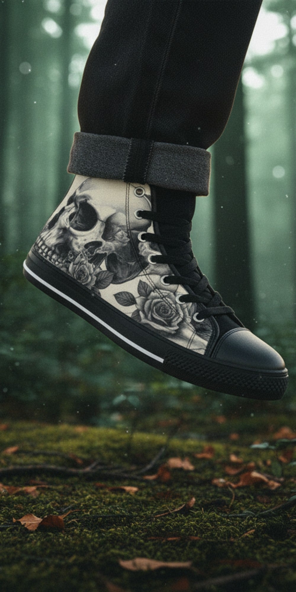 Freaky Shoes® gothic high top canvas sneakers featuring a black and white skull and rose print in a misty forest.