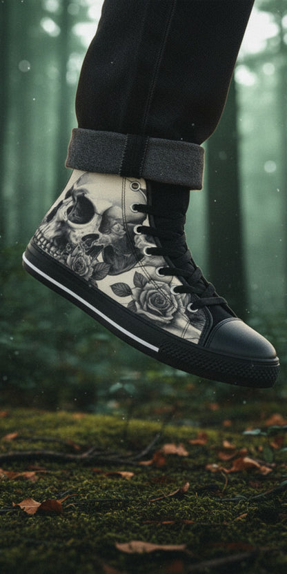 Freaky Shoes® gothic high top canvas sneakers featuring a black and white skull and rose print in a misty forest.