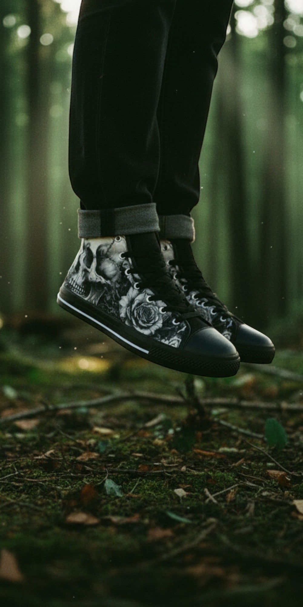 Men's Gothic Skull Rose Dark Art hand-made high-top canvas shoes — unique wearable art by Freaky Shoes