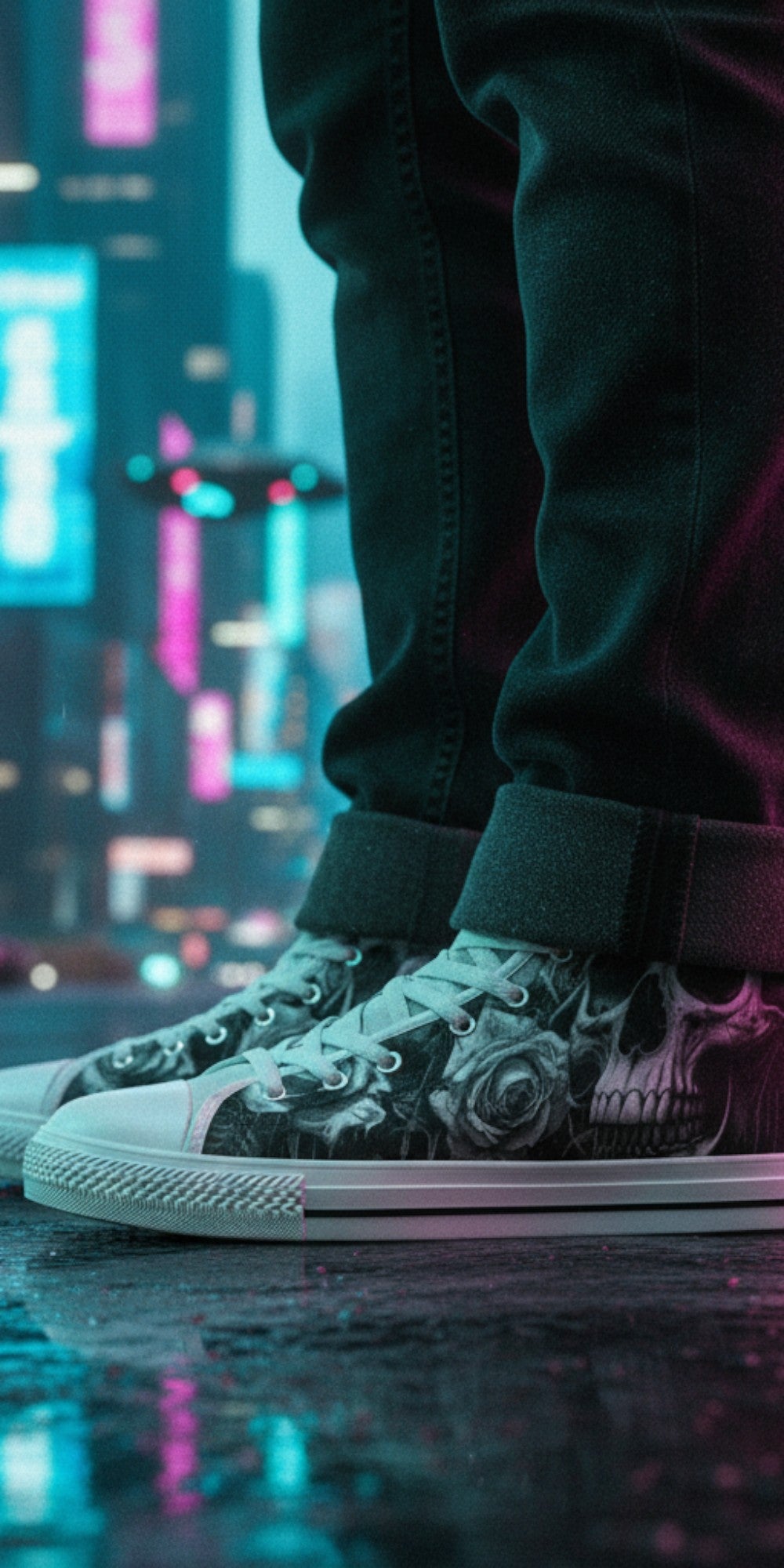 Freaky Shoes® high top canvas sneakers with dark gothic skull and rose print, worn in a neon-lit city street.