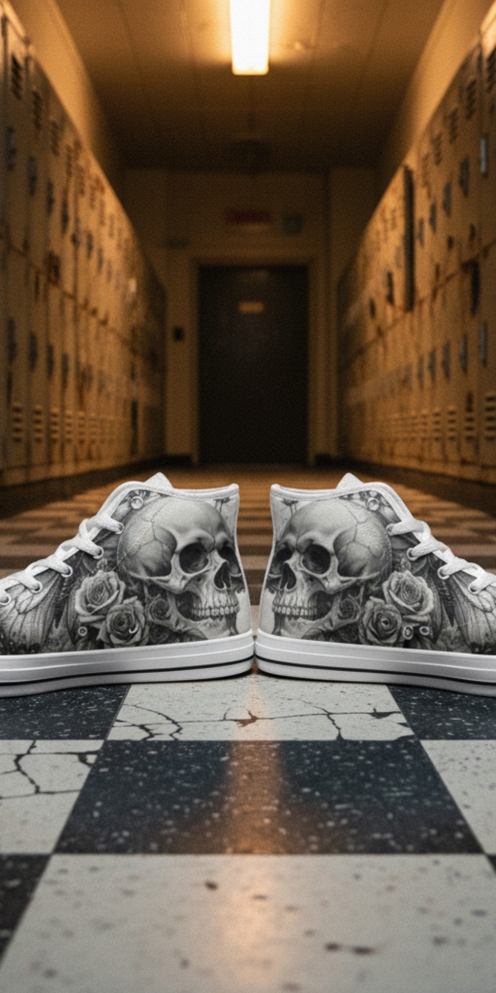 Men's Dark Skull Rose Grey Gothic high-top canvas shoes, custom full-wrap printed design — Freaky Shoes