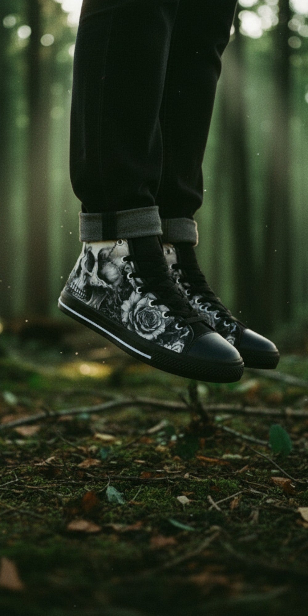 Freaky Shoes® gothic skull and rose print high top canvas sneakers worn in a dark forest setting.