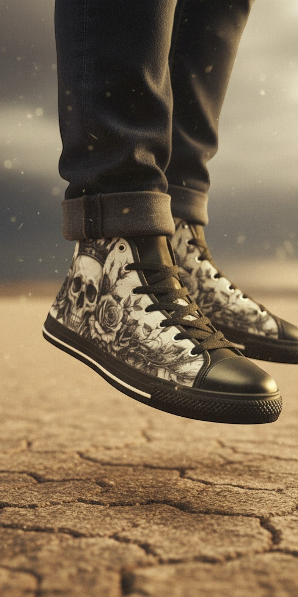 Men's Dark Skull Rose Art Gothic custom high-top canvas shoes — wearable art by Freaky Shoes