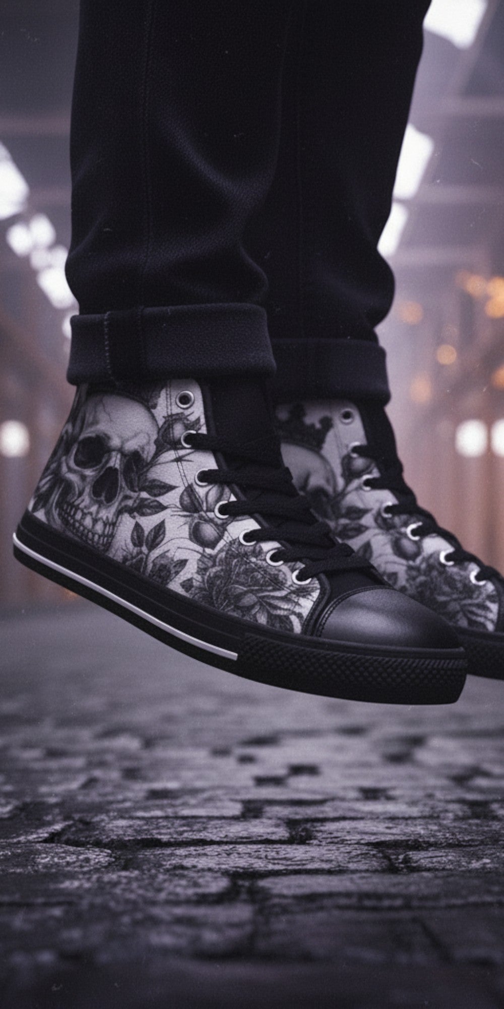 Freaky Shoes® men's gothic high top canvas sneakers featuring a black and white skull and rose art print.