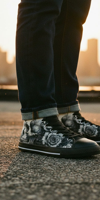 Freaky Shoes® Gothic skull and rose print high top canvas sneakers worn with dark jeans on a city rooftop at sunset.