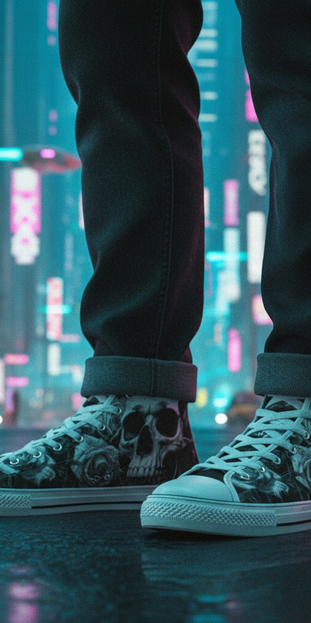 Freaky Shoes® high top canvas sneakers featuring a dark gothic skull and rose print, worn in a neon city street.