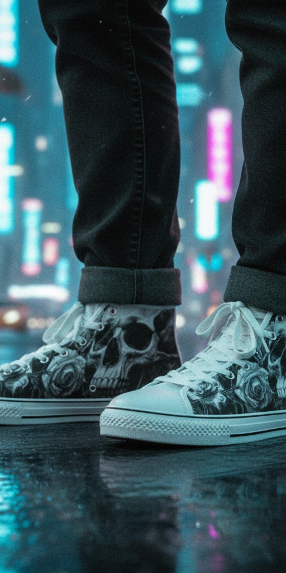Freaky Shoes® high top canvas sneakers featuring a dark gothic skull and rose print in a neon city street setting.