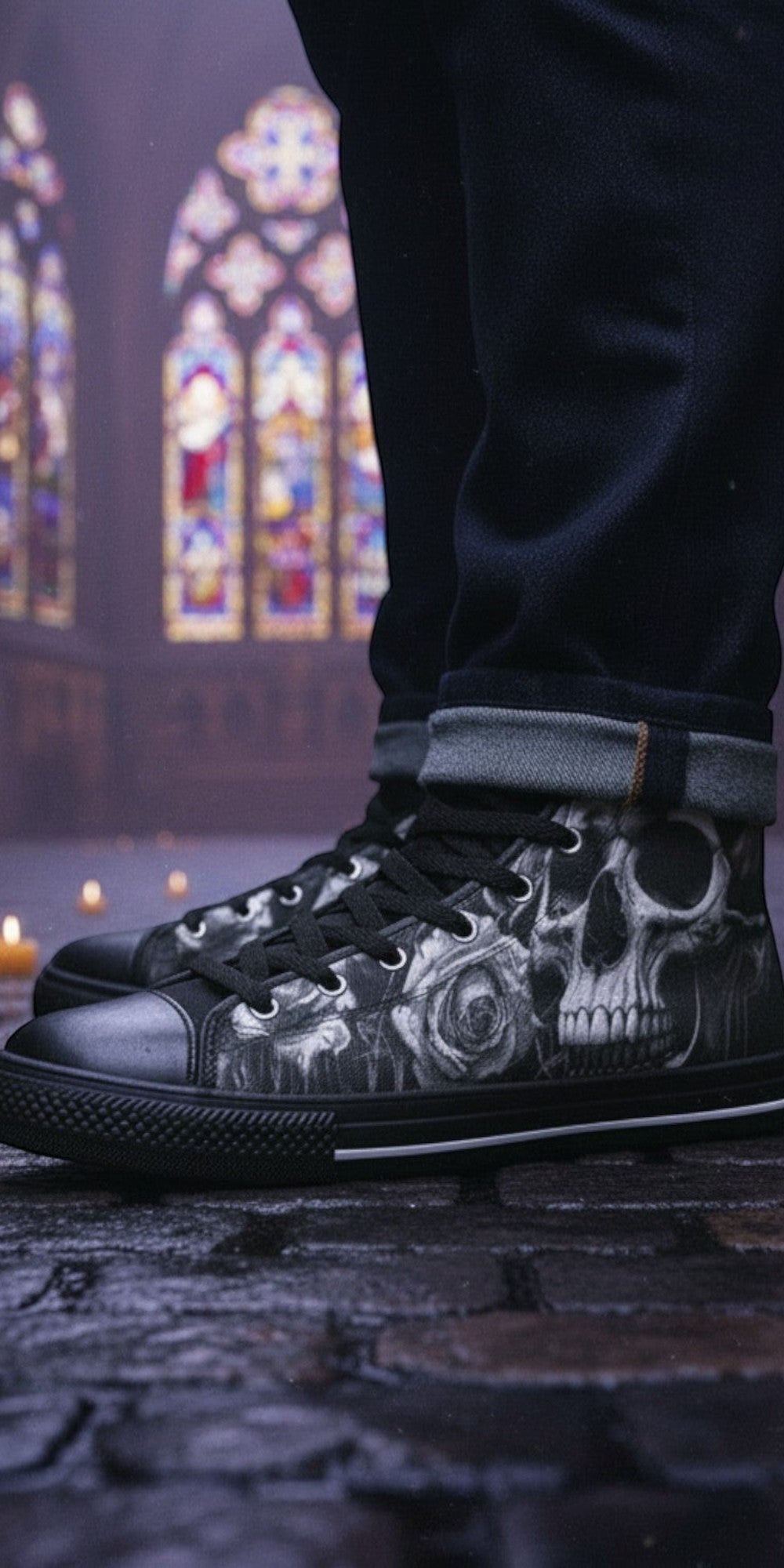 Freaky Shoes® men's high top canvas sneakers featuring a gothic black and white skull and rose print design.