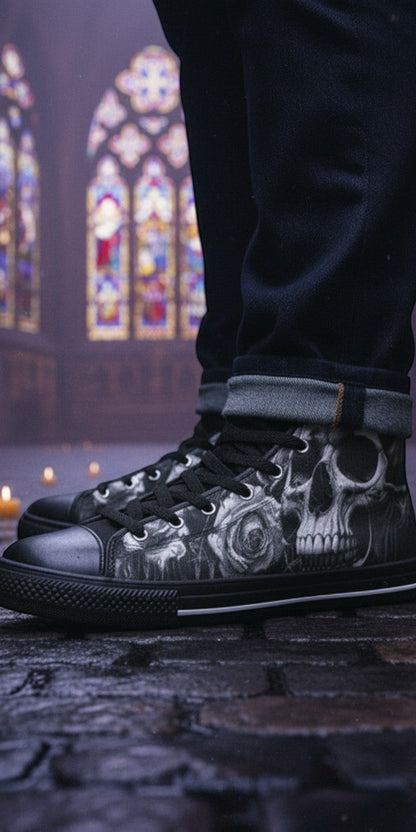 Freaky Shoes® men's high top canvas sneakers featuring a gothic black and white skull and rose print design.