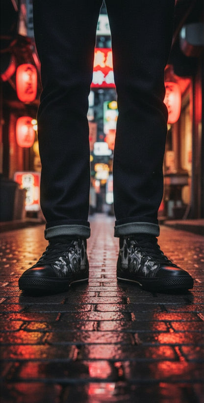 Freaky Shoes® Gothic dark skull and rose print canvas high top sneakers worn on a wet city street at night.