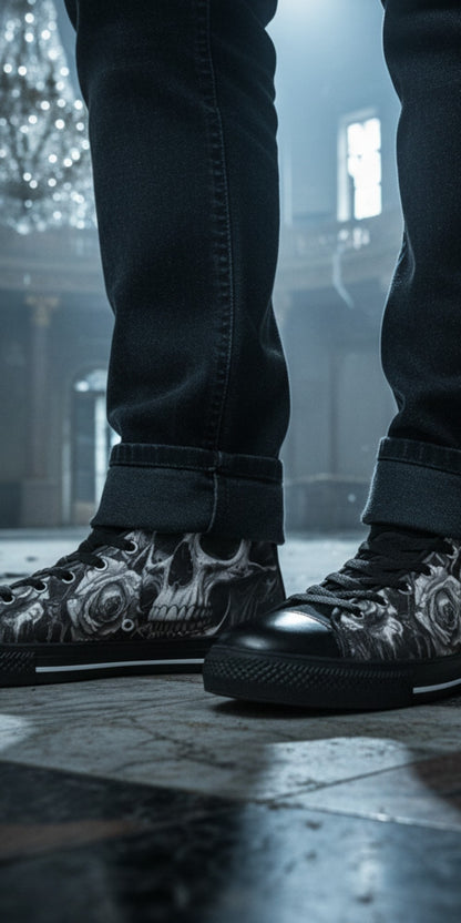 Freaky Shoes® women's dark gothic high top canvas sneakers featuring a grey skull and rose print in a ballroom setting.