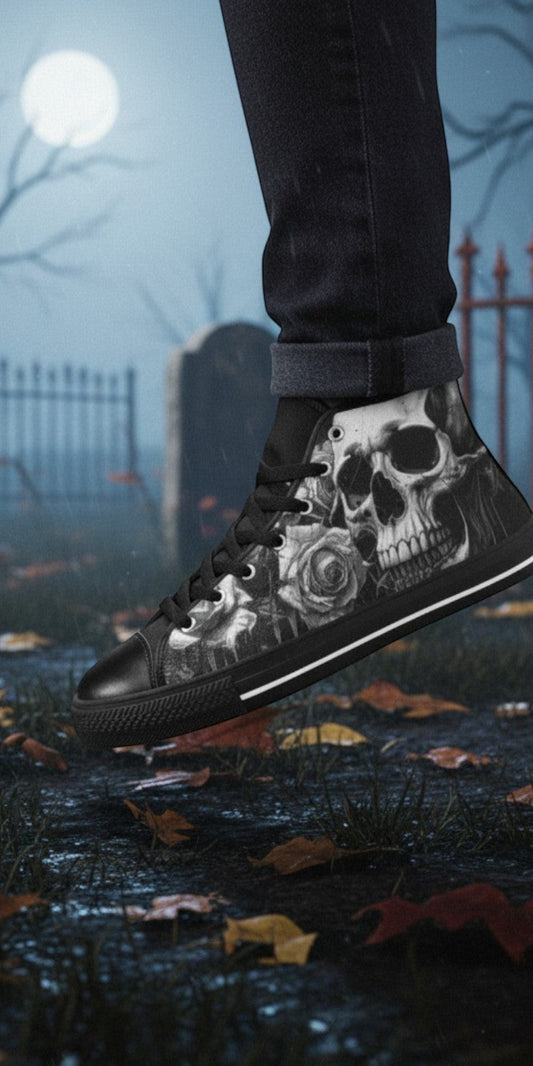 Freaky Shoes® gothic high top canvas sneakers featuring a black and white skull and rose print in a graveyard setting.