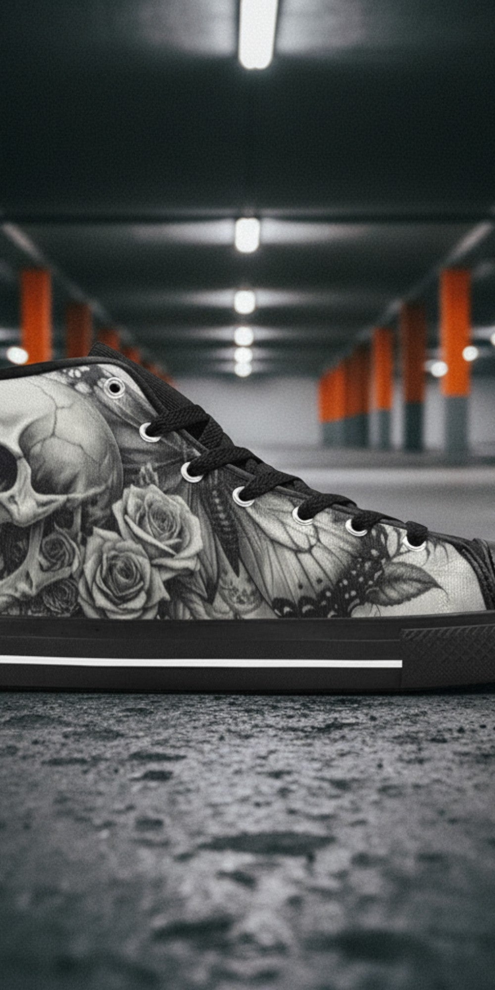 Custom Women's Grey Gothic Rose Skull Dark Art high-top canvas shoes with bold all-over art — Freaky Shoes
