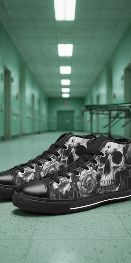 Freaky Shoes® women's gothic high top canvas sneakers featuring a monochrome grey skull and rose print with black trim.