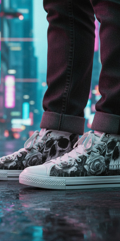 Freaky Shoes® women's high top canvas sneakers featuring a dark gothic skull and rose print on a city street.
