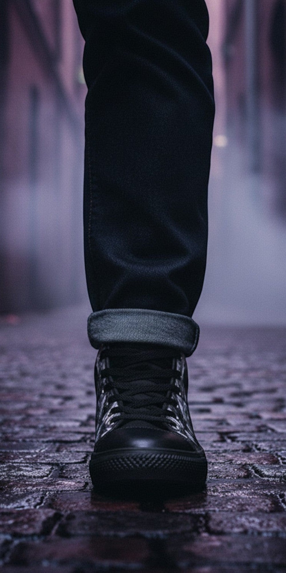 Freaky Shoes® Gothic dark skull and rose print canvas high top sneakers worn with dark jeans in a foggy alleyway.