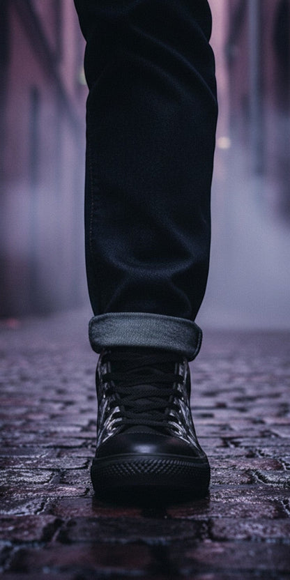 Freaky Shoes® Gothic dark skull and rose print canvas high top sneakers worn with dark jeans in a foggy alleyway.