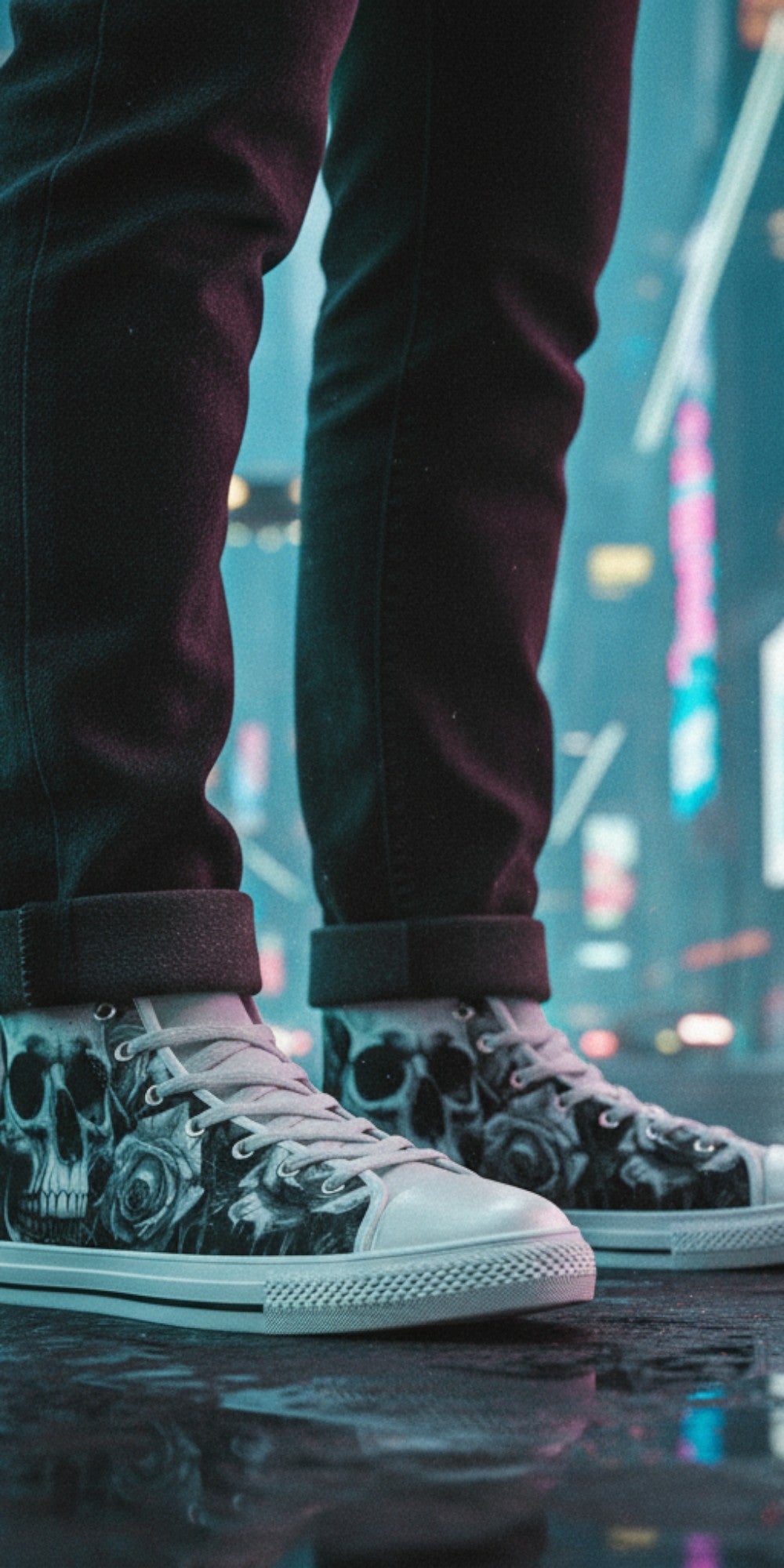 Freaky Shoes® high top canvas sneakers featuring a dark gothic skull and rose print in a neon city street setting.