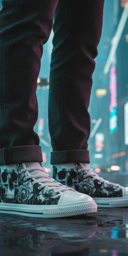 Freaky Shoes® high top canvas sneakers featuring a dark gothic skull and rose print in a neon city street setting.
