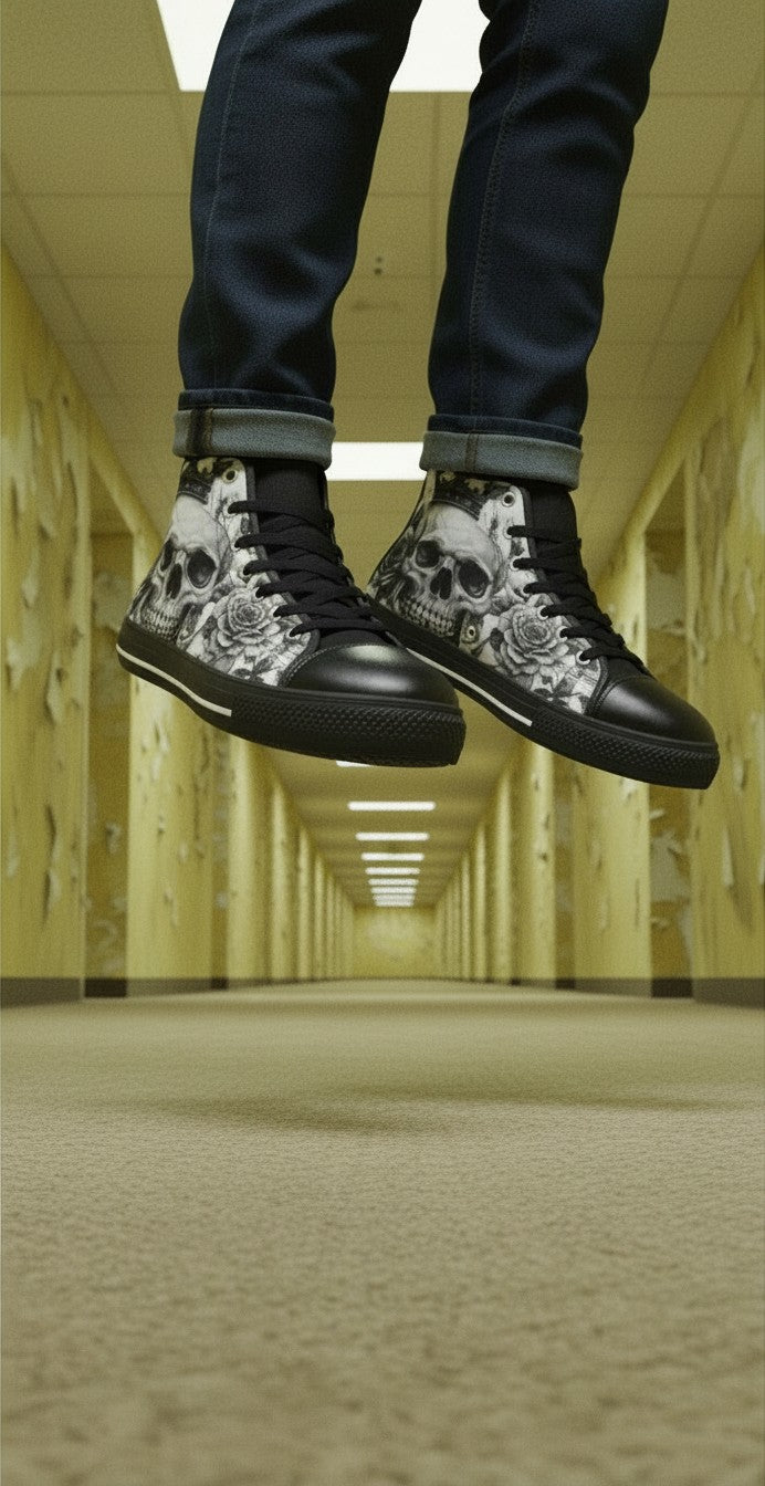 Freaky Shoes® gothic high top canvas sneakers featuring a grey skull and rose print, black laces, and rubber soles.
