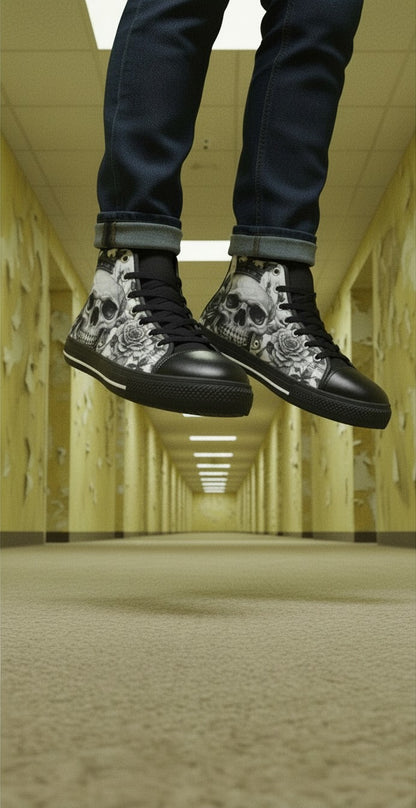Freaky Shoes® gothic high top canvas sneakers featuring a grey skull and rose print, black laces, and rubber soles.
