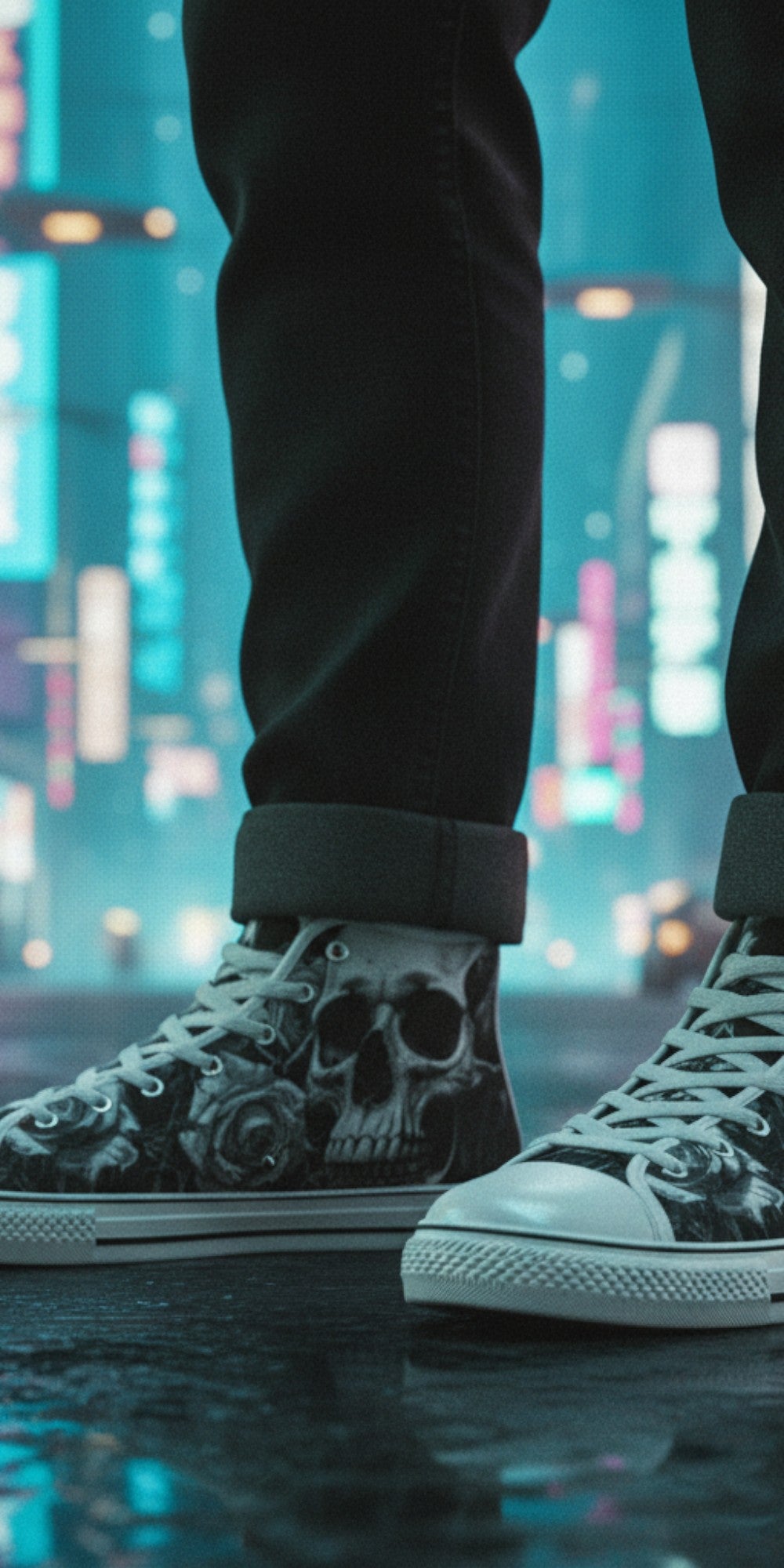 Freaky Shoes® high top canvas sneakers featuring a dark gothic skull and rose print in a neon city street setting.