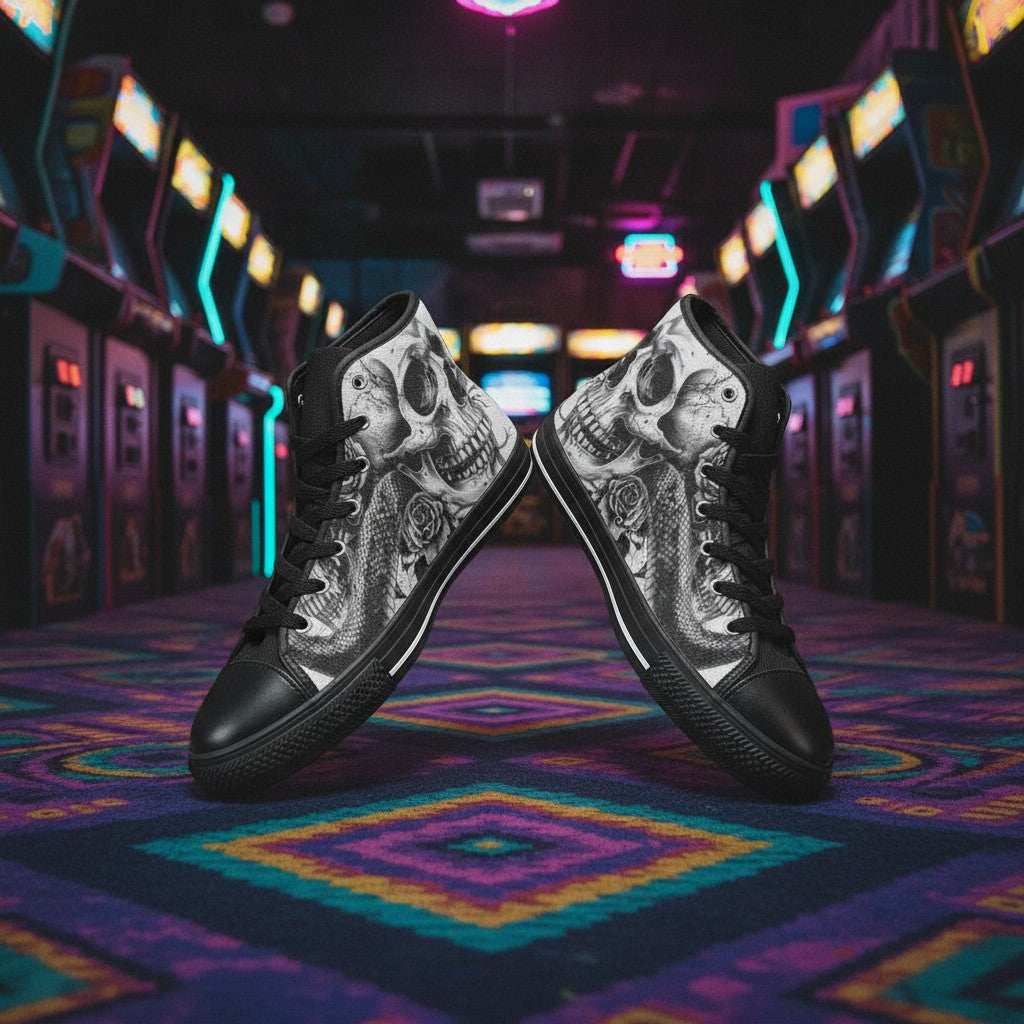 Men's Dark Gothic Rose Art Skull high-top canvas shoes — one-of-a-kind custom printed art, Freaky Shoes