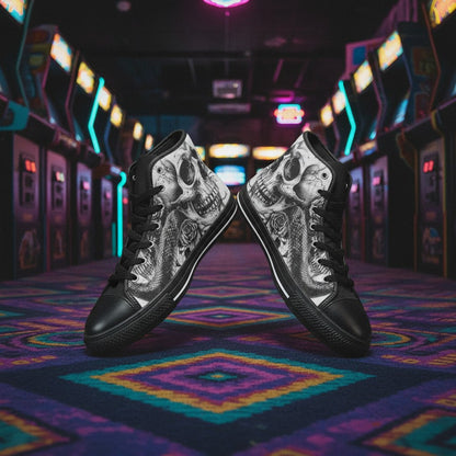 Men's Dark Gothic Rose Art Skull high-top canvas shoes — one-of-a-kind custom printed art, Freaky Shoes