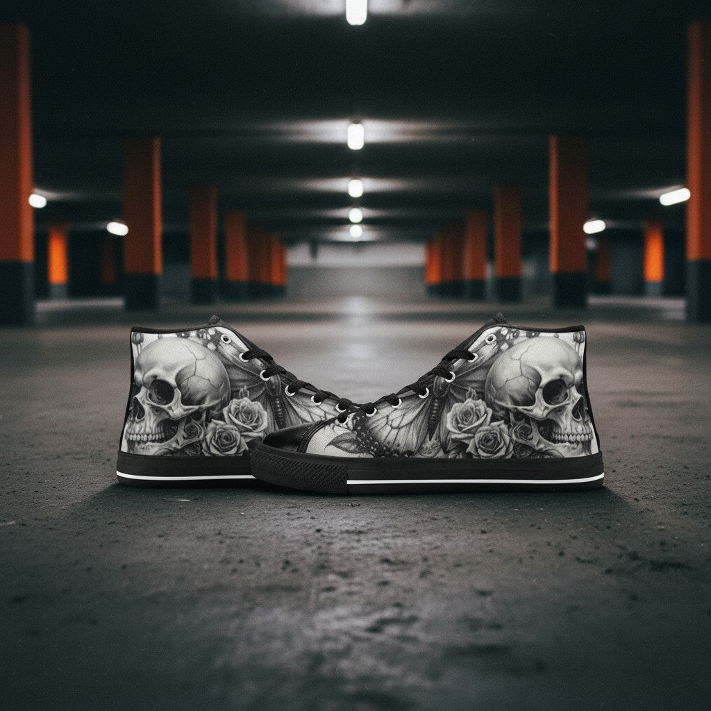 Women's Grey Gothic Rose Skull Dark Art high-top canvas shoes, custom full-wrap printed design — Freaky Shoes