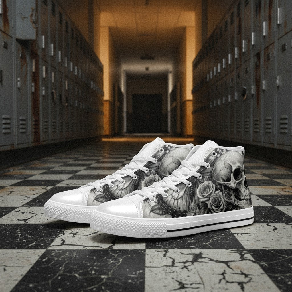 Men's Dark Skull Rose Grey Gothic high-top canvas shoes, custom full-wrap printed design — Freaky Shoes