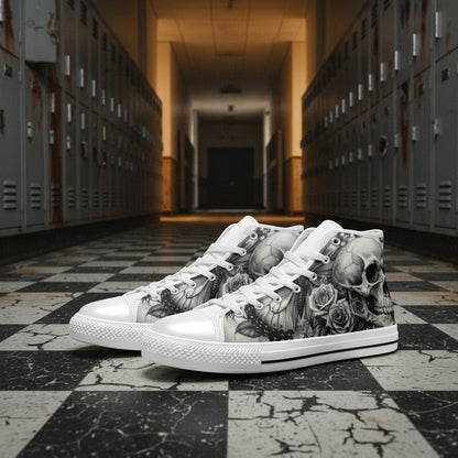 Men's Dark Skull Rose Grey Gothic high-top canvas shoes, custom full-wrap printed design — Freaky Shoes