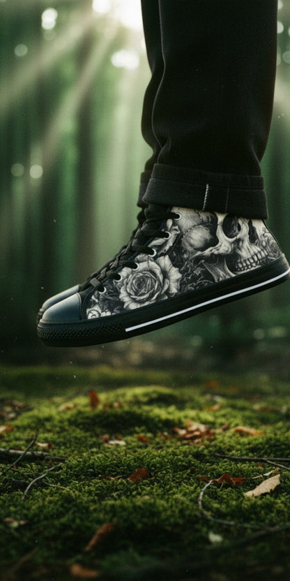 Freaky Shoes® gothic high top canvas sneakers featuring black and white skull and rose art in a misty forest.