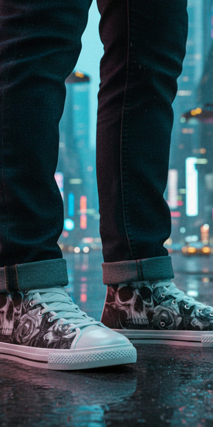 Freaky Shoes® high top canvas sneakers featuring a dark gothic skull and rose print, worn on a rainy city street.